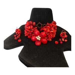 Vintage Bohemian Red Multiple Size And Shape Beaded Bracelet and Earring Set